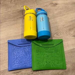 Yellow and Blue Takeya Water Bottles with Green and Blue SpBang Bags
